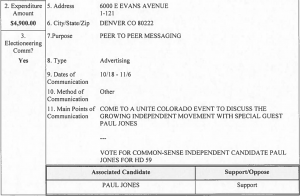 Unite Colorado campaign expenditure report Paul Jones HD59