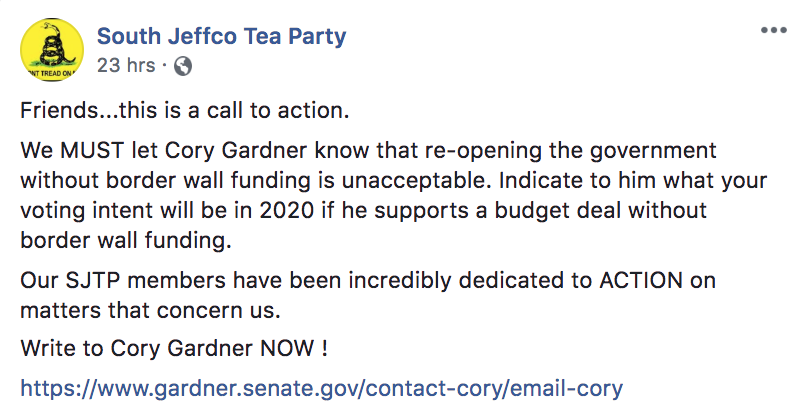 South JeffCo Tea Party Mad at Sen. Gardner