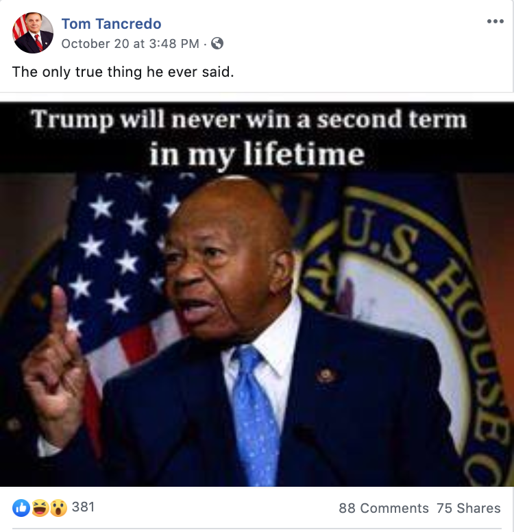 Tom Tancredo FB post mocking Rep. Elijah Cummings' death